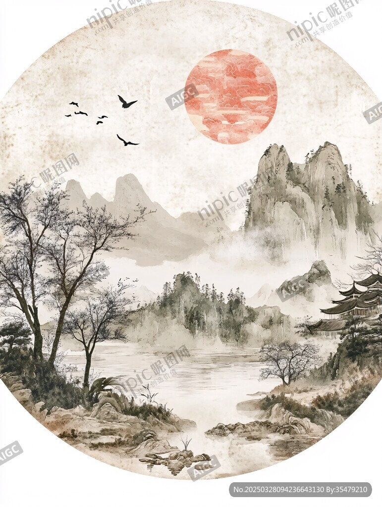 水墨山水間的紅日飛鳥景