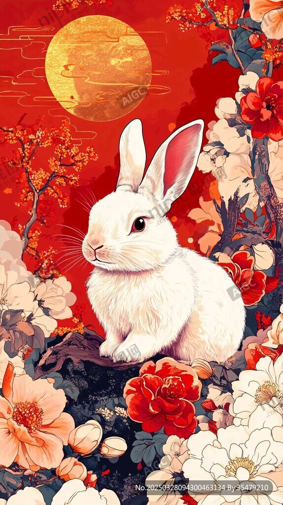 玉兔伴繁花迎滿月