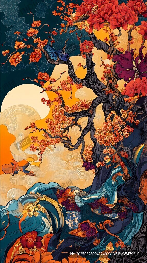 秋日山水間的奇幻樹景