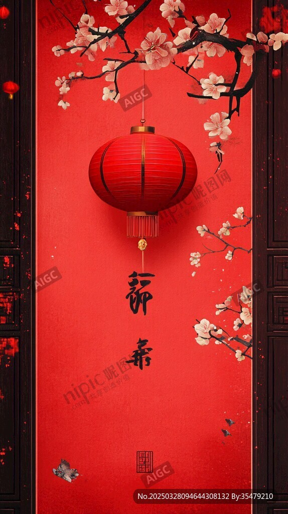 喜慶中式紅墻燈籠花卉景