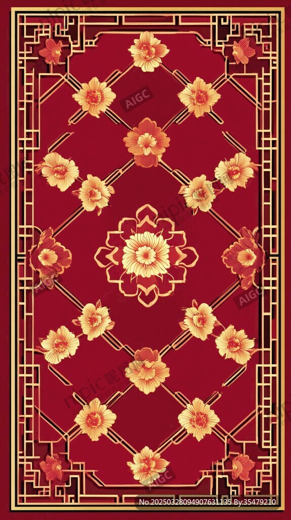 中式紅色花卉精美地毯