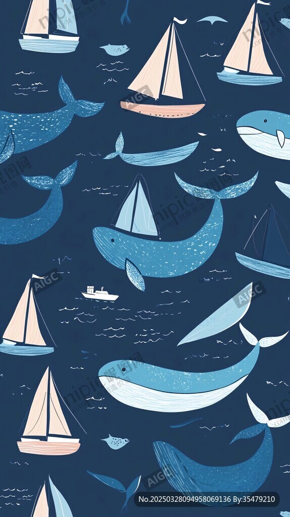 海洋帆船鯨魚圖案插畫