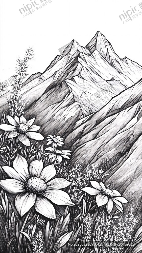 山景中的花卉黑白素描
