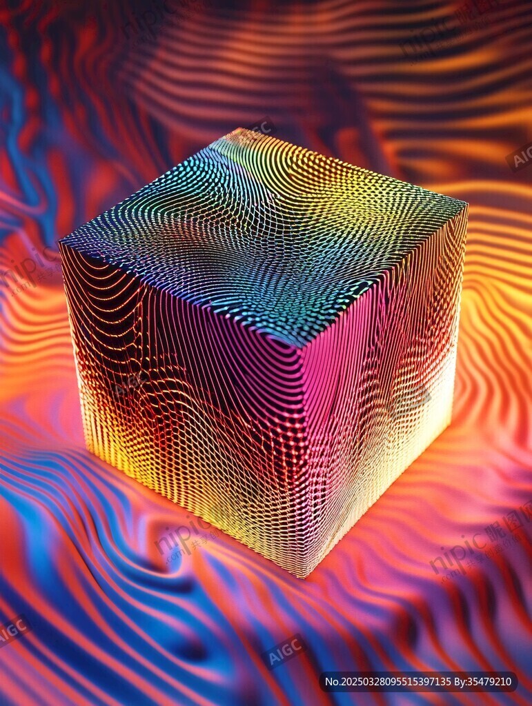 炫彩波紋環繞的奇幻立方體