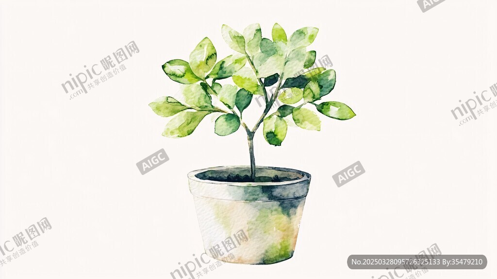 水彩風盆栽綠植清新畫面