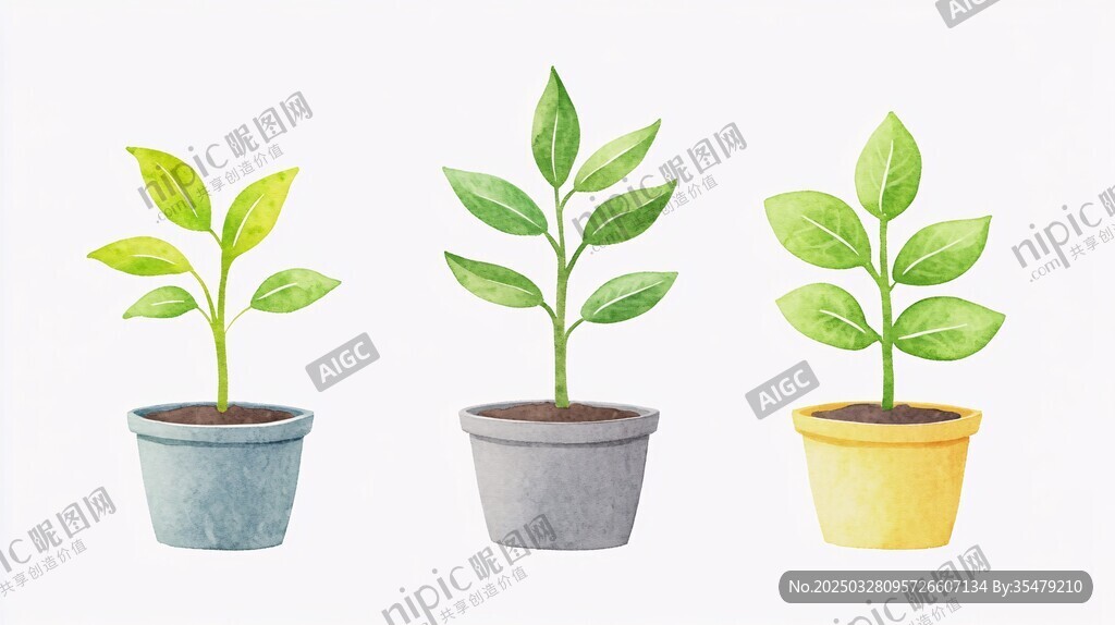三盆綠植盆栽水彩插畫