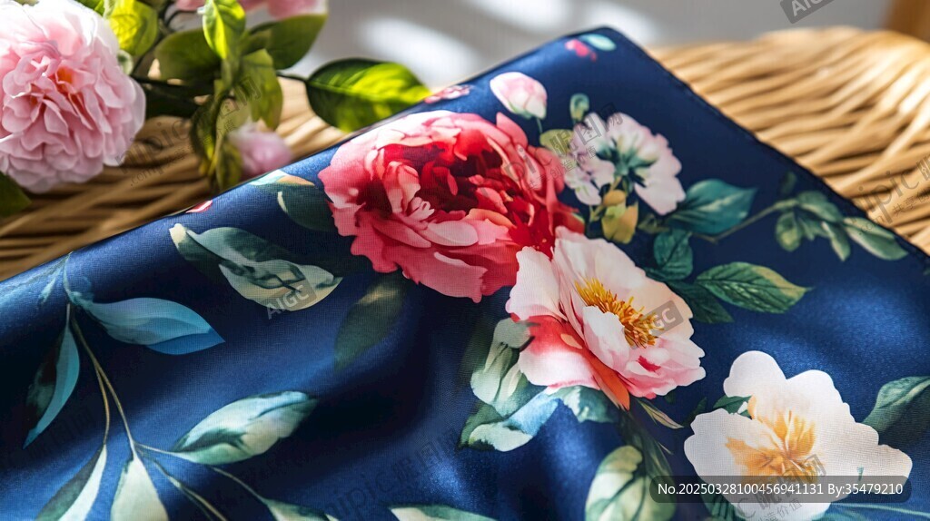藍(lán)底花卉布料與嬌艷花朵