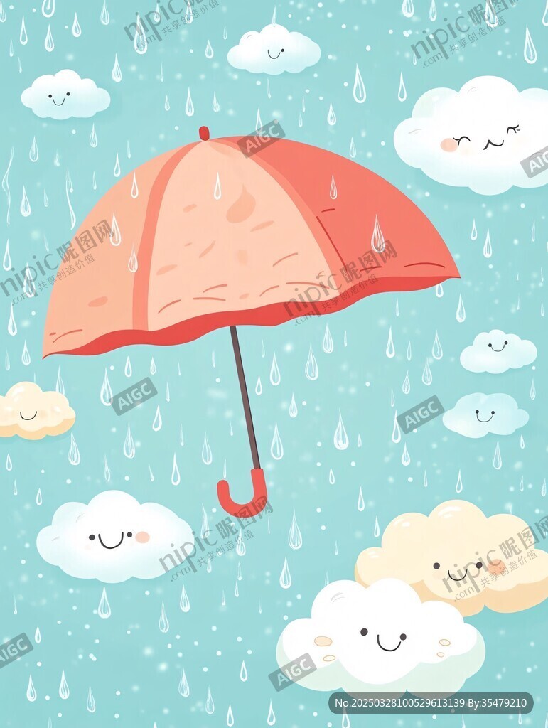 雨中撐傘的可愛云朵世界