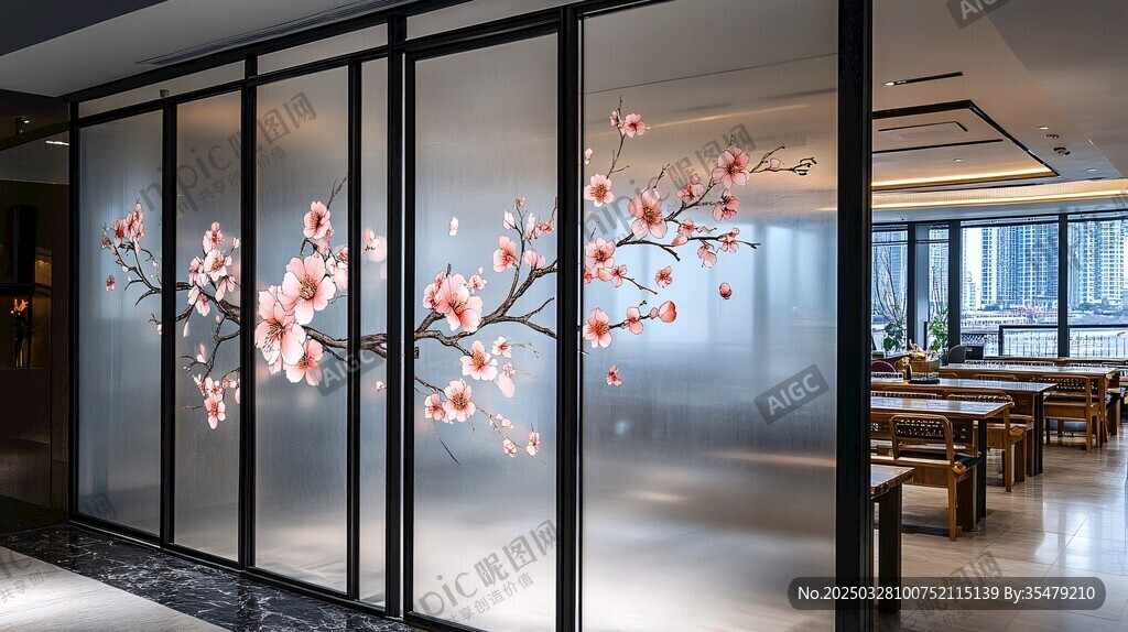 中式桃花玻璃隔斷室內景