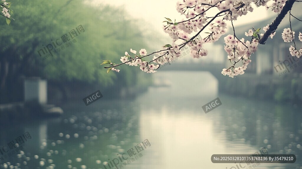河畔櫻花綻放的靜謐美景