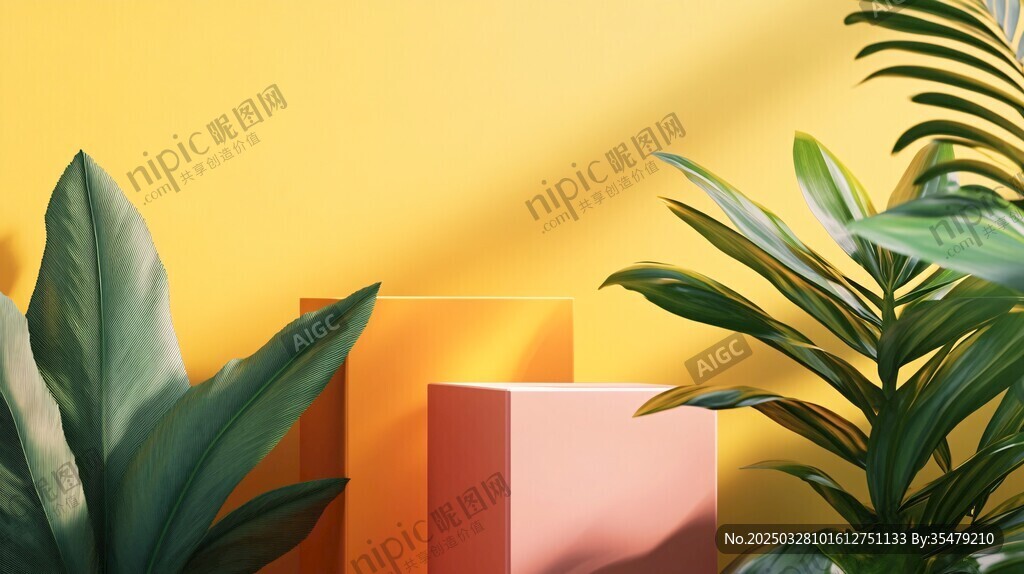 多彩植物與幾何方塊組合