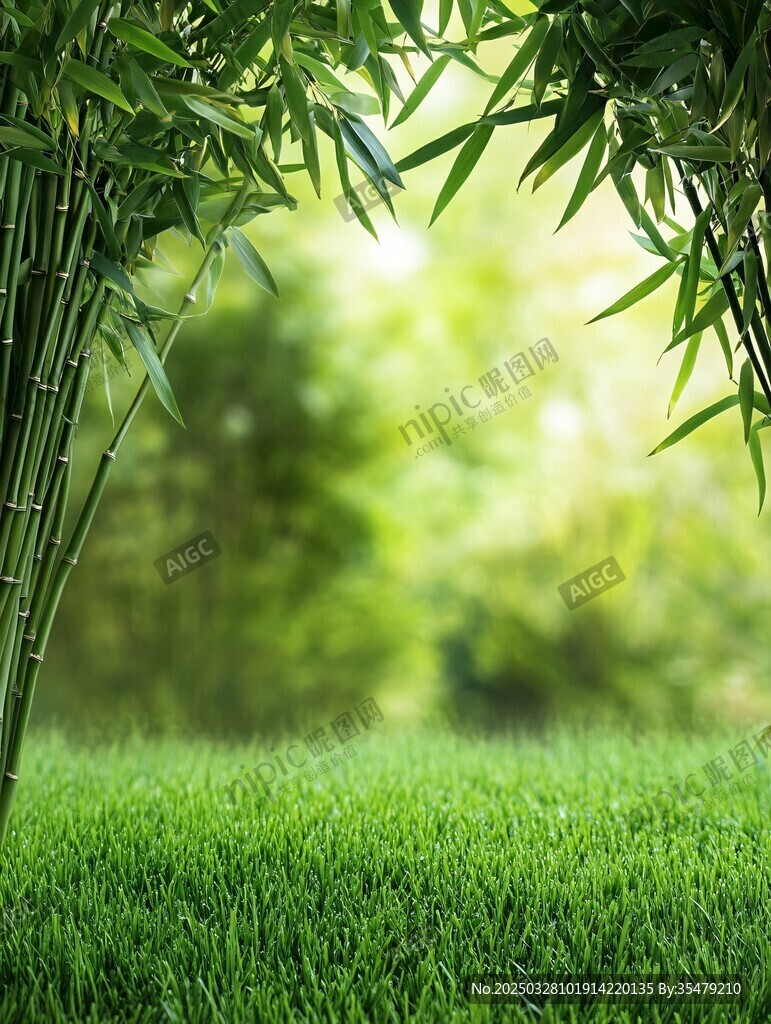 竹林下的翠綠草地風光