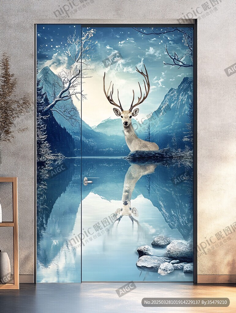 夢(mèng)幻鹿影山林雪景壁畫
