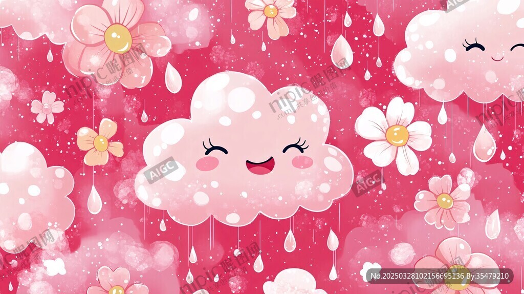 可愛云朵雨滴花卉背景圖