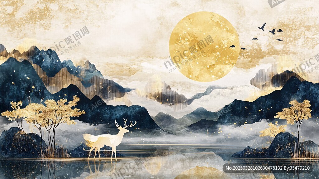山間月夜下的靈鹿與飛鳥(niǎo)