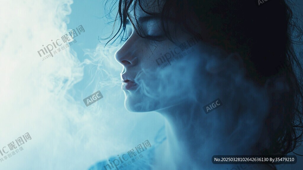 女子于煙霧中沉靜側影