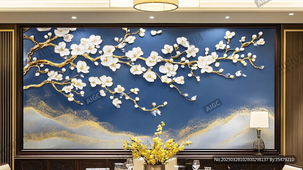 中式藍(lán)底繁花客廳背景墻