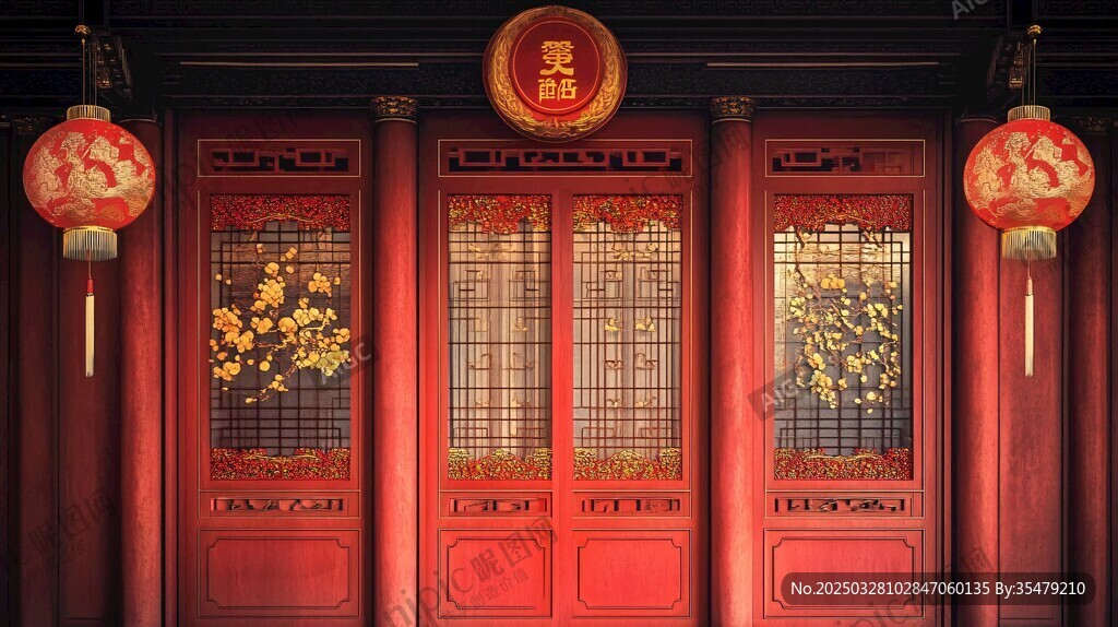 中式紅門掛燈籠古典場景