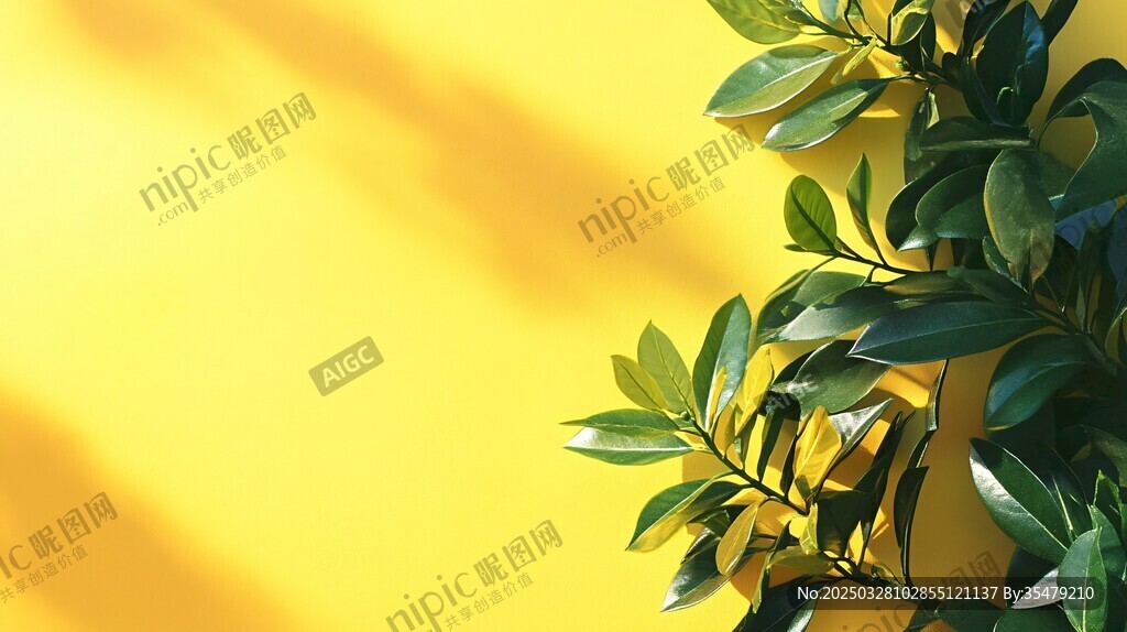 黃色背景上的翠綠植物