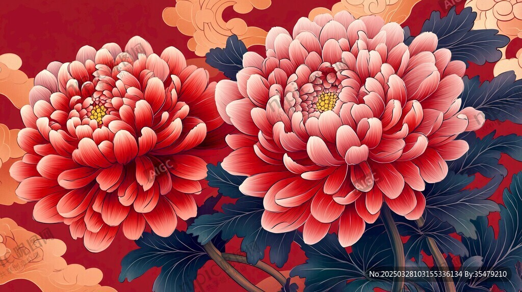 雙朵盛開(kāi)的中式艷麗牡丹