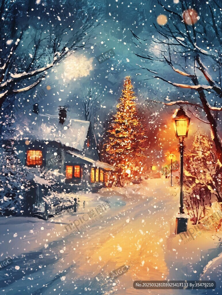 雪夜中的溫馨小屋與路燈