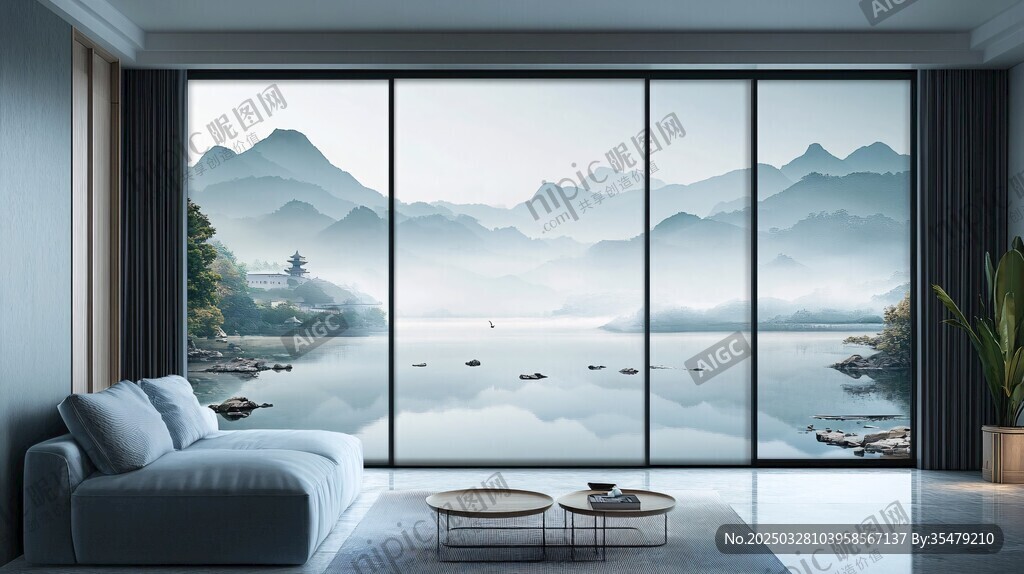 現代客廳的山水窗景風光