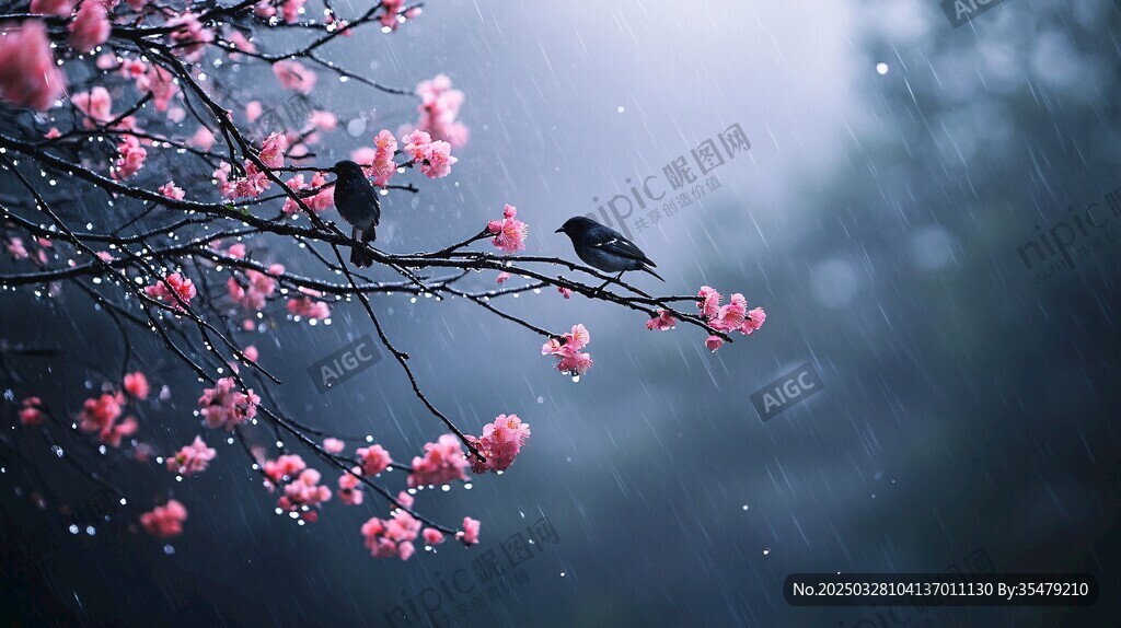雨中繁花上的雙鳥棲枝