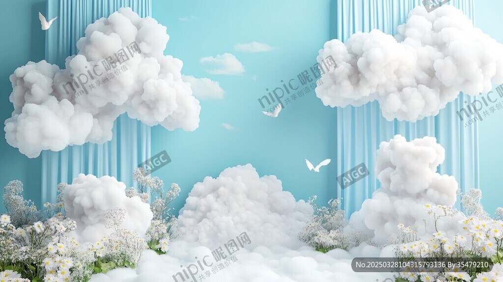 夢幻藍白云朵花卉場景