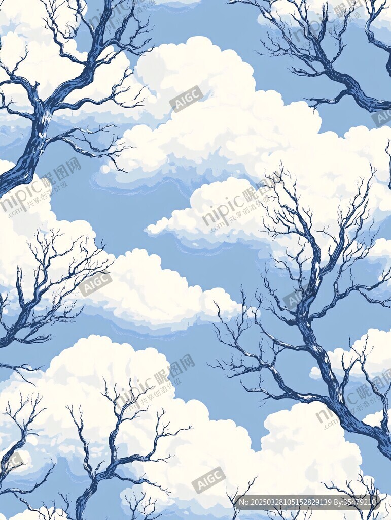 藍天枯樹白云無縫背景圖