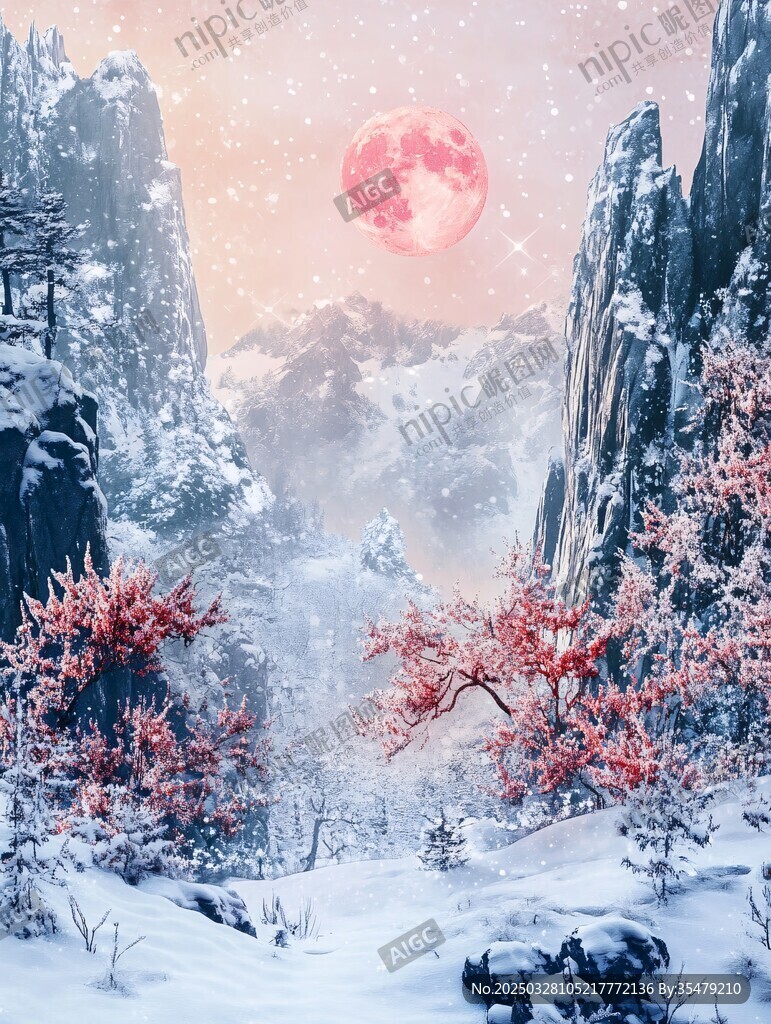 雪中山景映紅月
