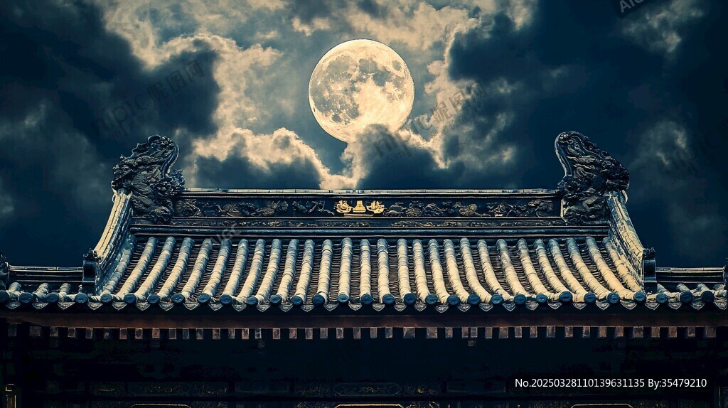 月夜下的中式古建筑屋頂