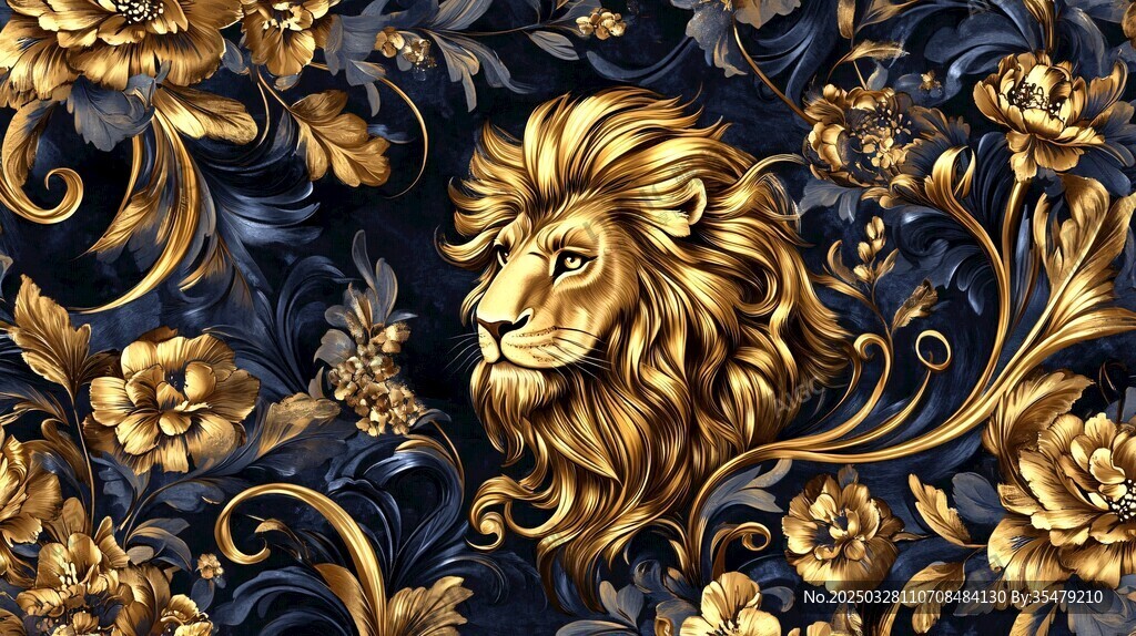 金色雄獅花卉奢華圖案