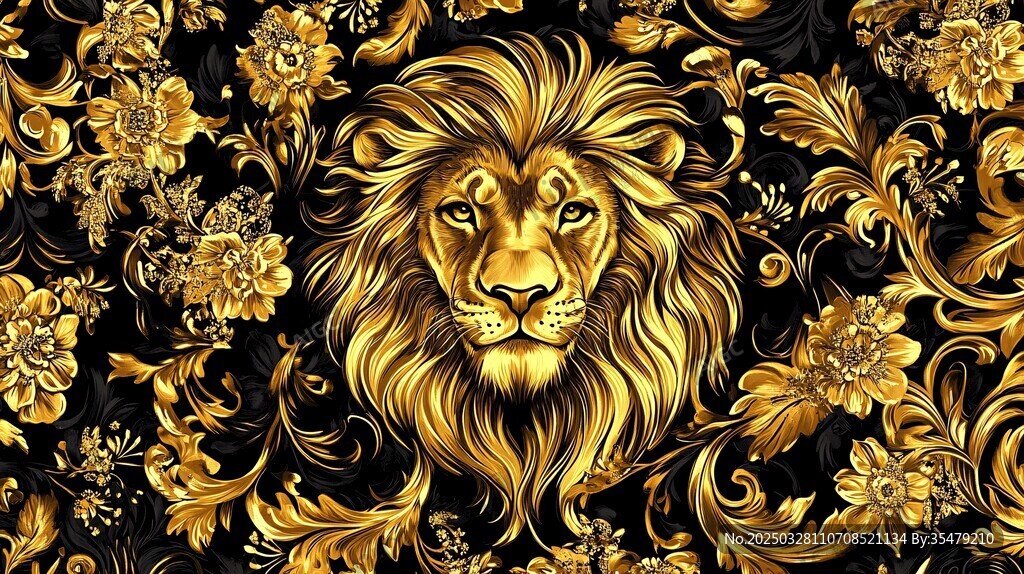 金色獅子花卉華麗圖案