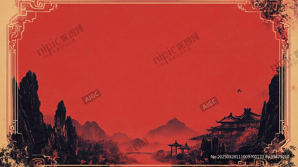 中式古風(fēng)紅色山水邊框背景