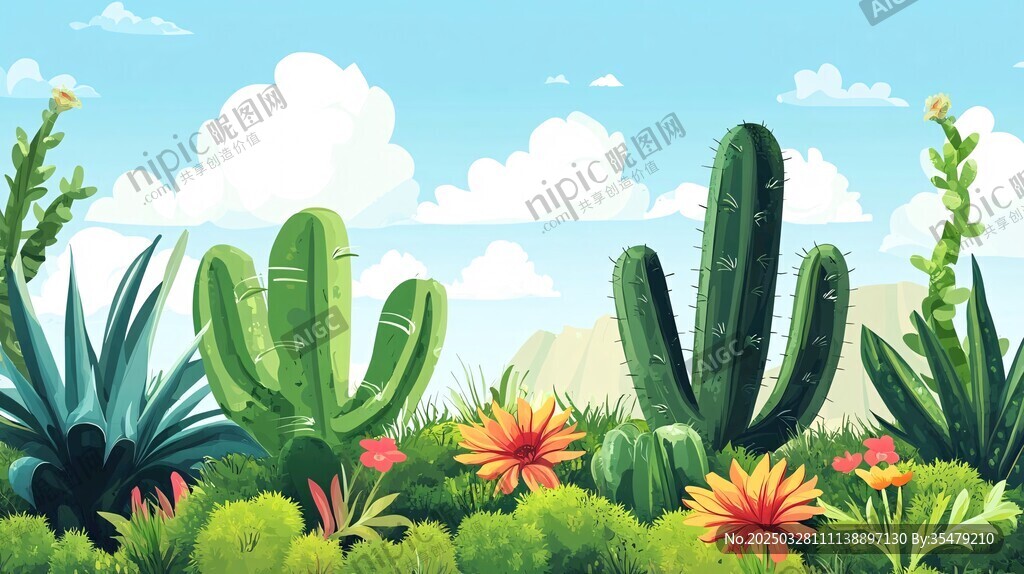 沙漠中的多彩仙人掌景觀
