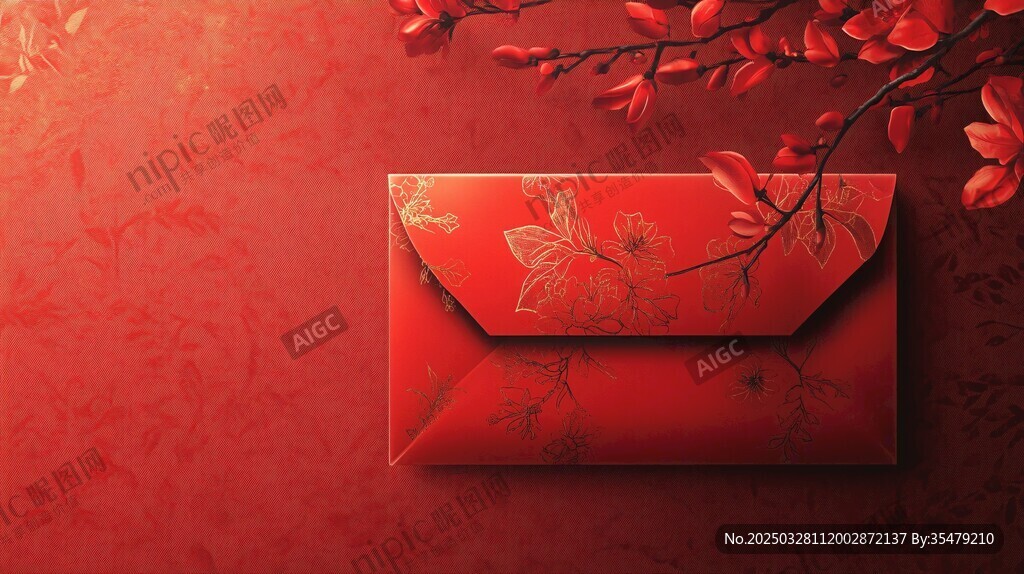 喜慶紅包與枝頭紅花
