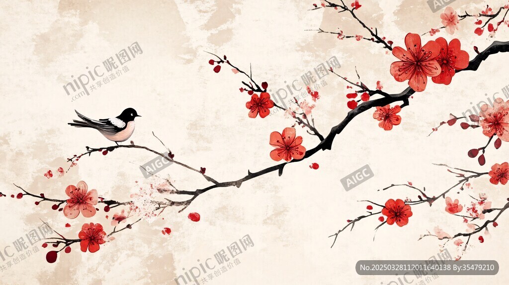 紅梅枝頭鳥棲圖