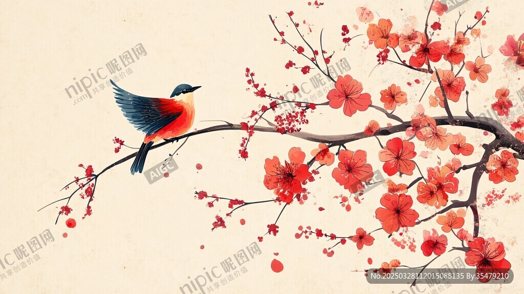 紅梅枝頭飛鳥圖