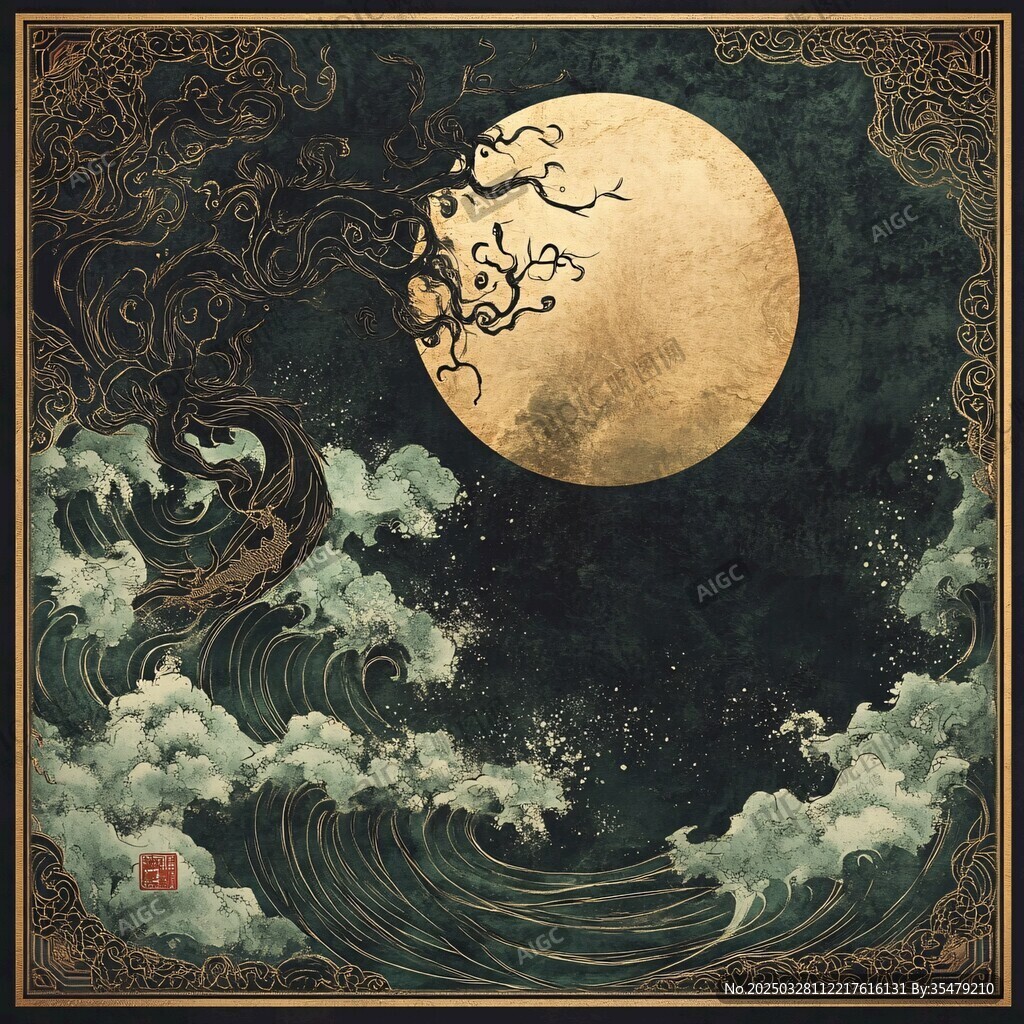 月夜海浪圖 中式神秘意境