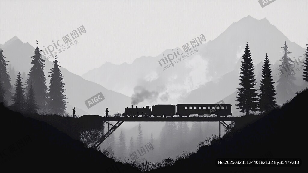 山間火車過橋的靜謐景象
