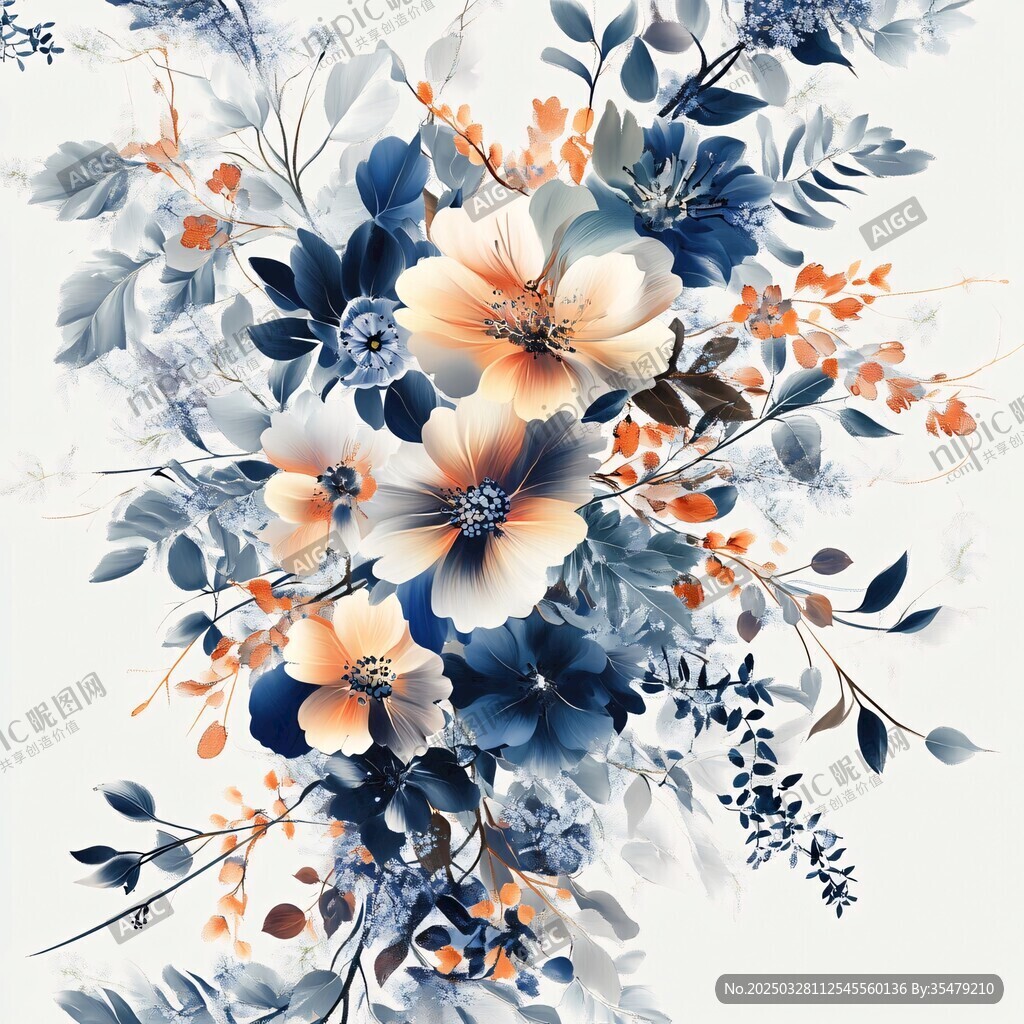 藍橙花卉插畫 雅致清新風