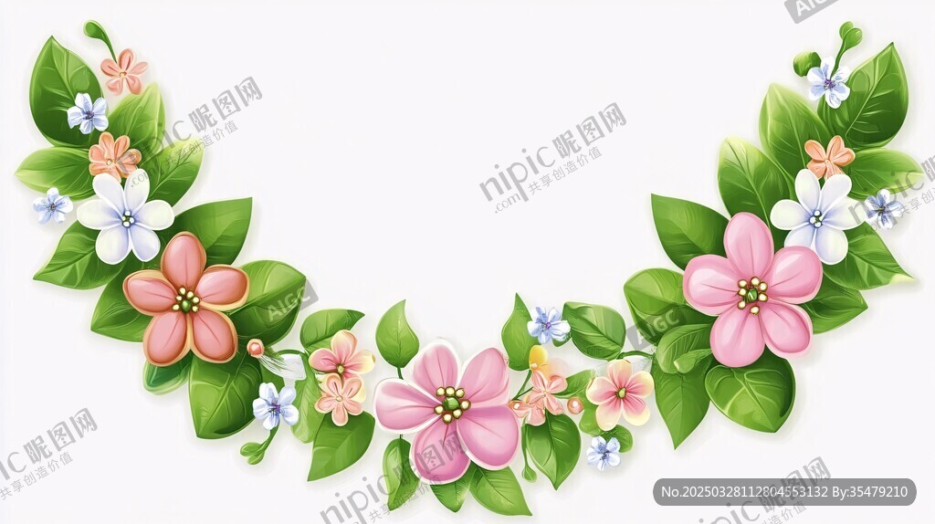 花卉綠葉組成的弧形花環