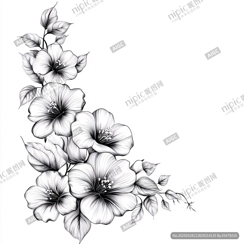 黑白花卉邊角裝飾圖案