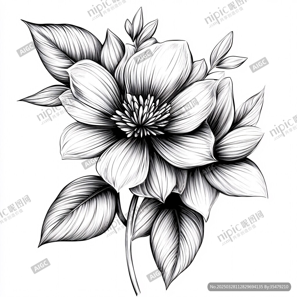 黑白花卉手繪插畫