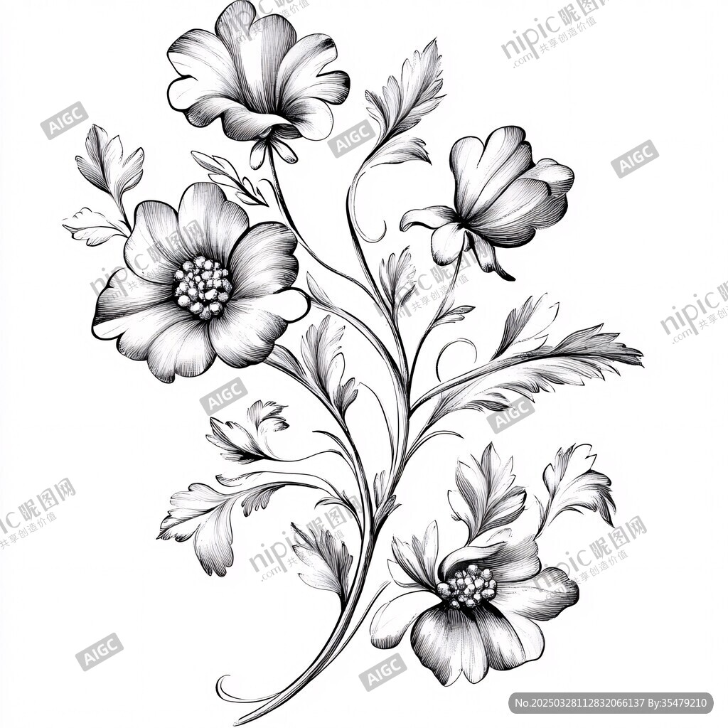 黑白花卉手繪圖案