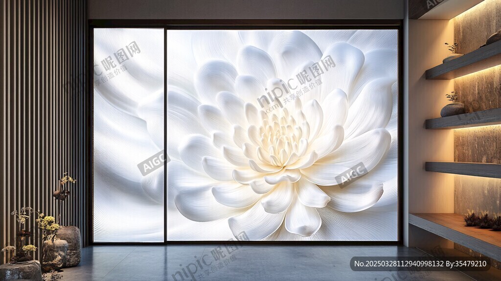 中式客廳巨幅白蓮花壁畫