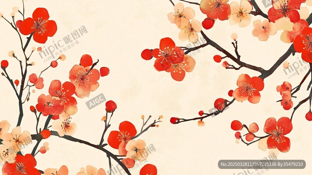 中式水墨風紅梅綻放圖