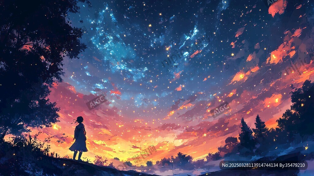 少女仰望絢爛星空夜景