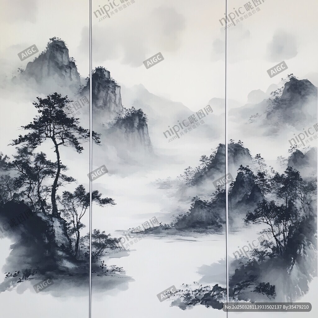 水墨山水三聯(lián)畫(huà)意境悠遠(yuǎn)