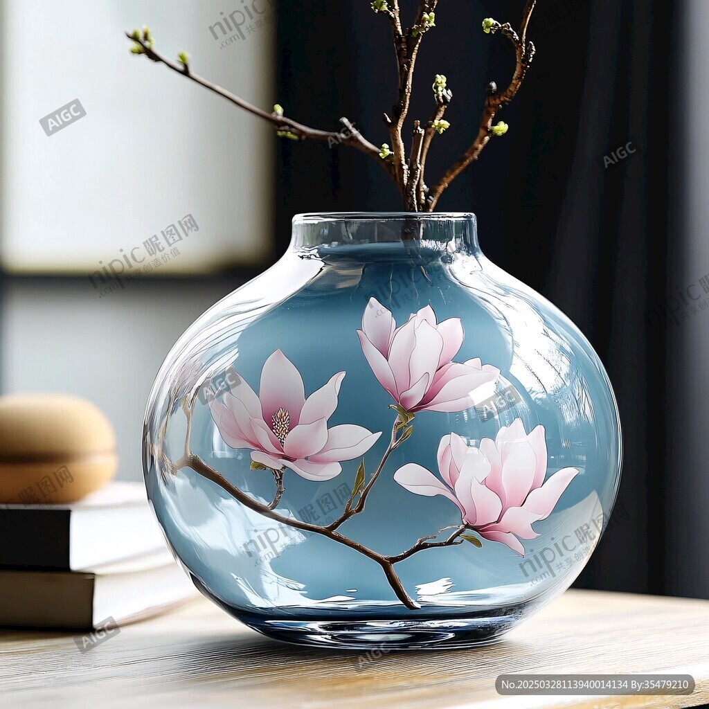 藍底玉蘭花紋玻璃花瓶